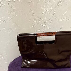 Fashion Bug Dark Brown Patent Clutch with Tortoiseshell Handle